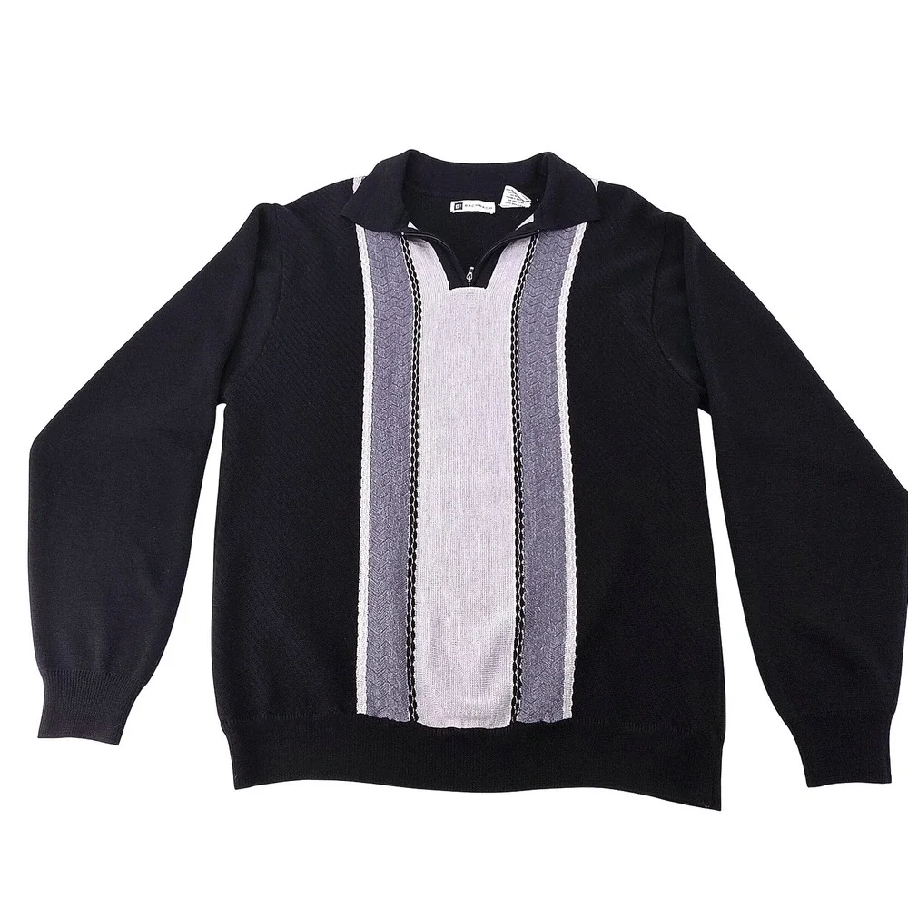 Bachrach Men Black Gray Stripe Quarter Zip‎ Sweater Merino Wool Blend Size L